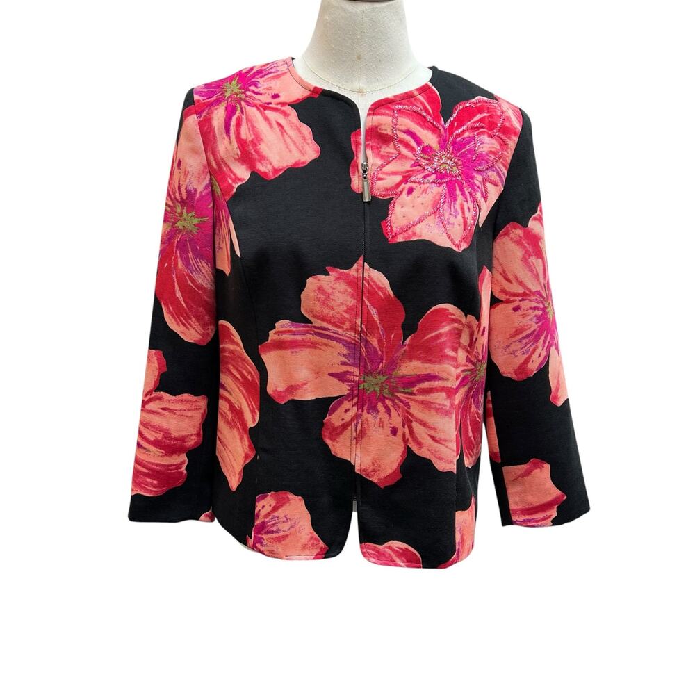 Victor Costa Occasion XL Black Floral Zip Jacket Embellished Career Blazer